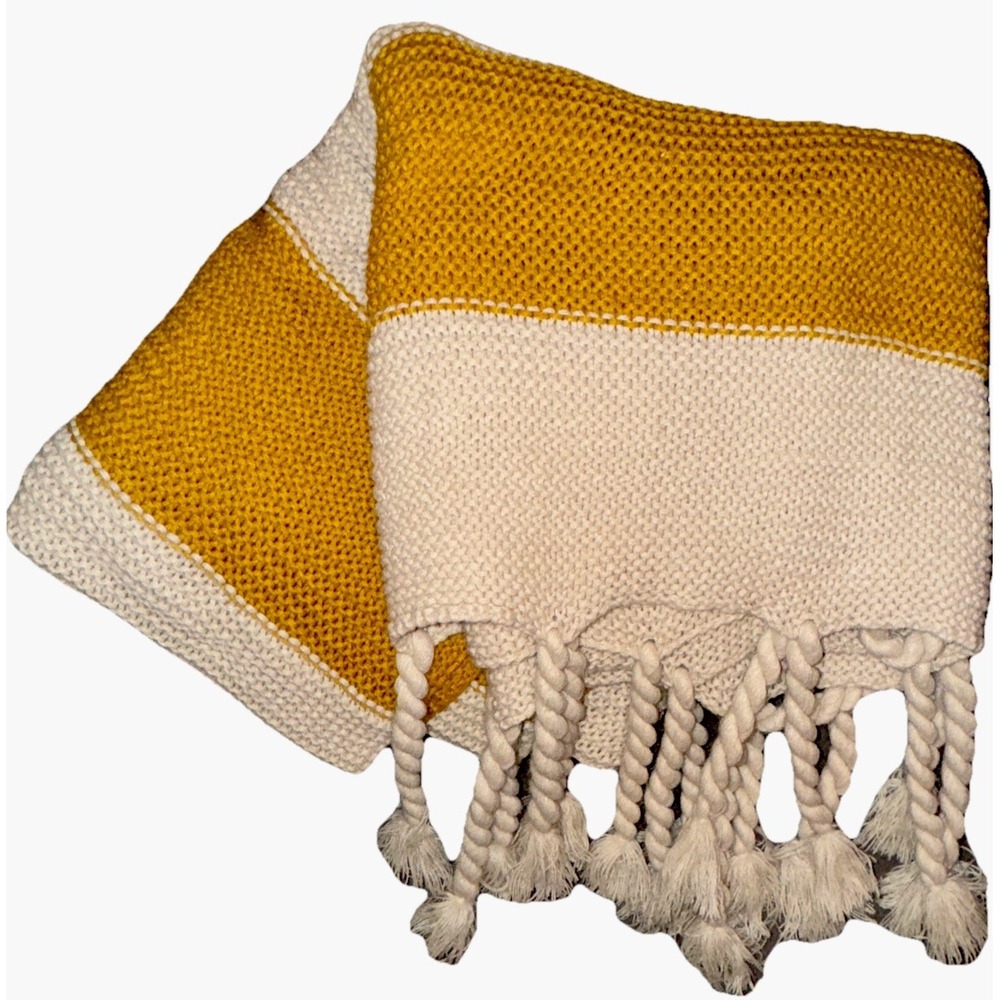 Knit Throw Blanket Boho Tassels Hotel Vendome Cream Gold Cozy Warm Soft 64 X 60